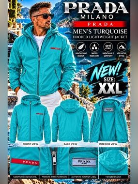 Prada Men's Turquoise Hooded Lightweight Jacket🔥New! Size: XXL